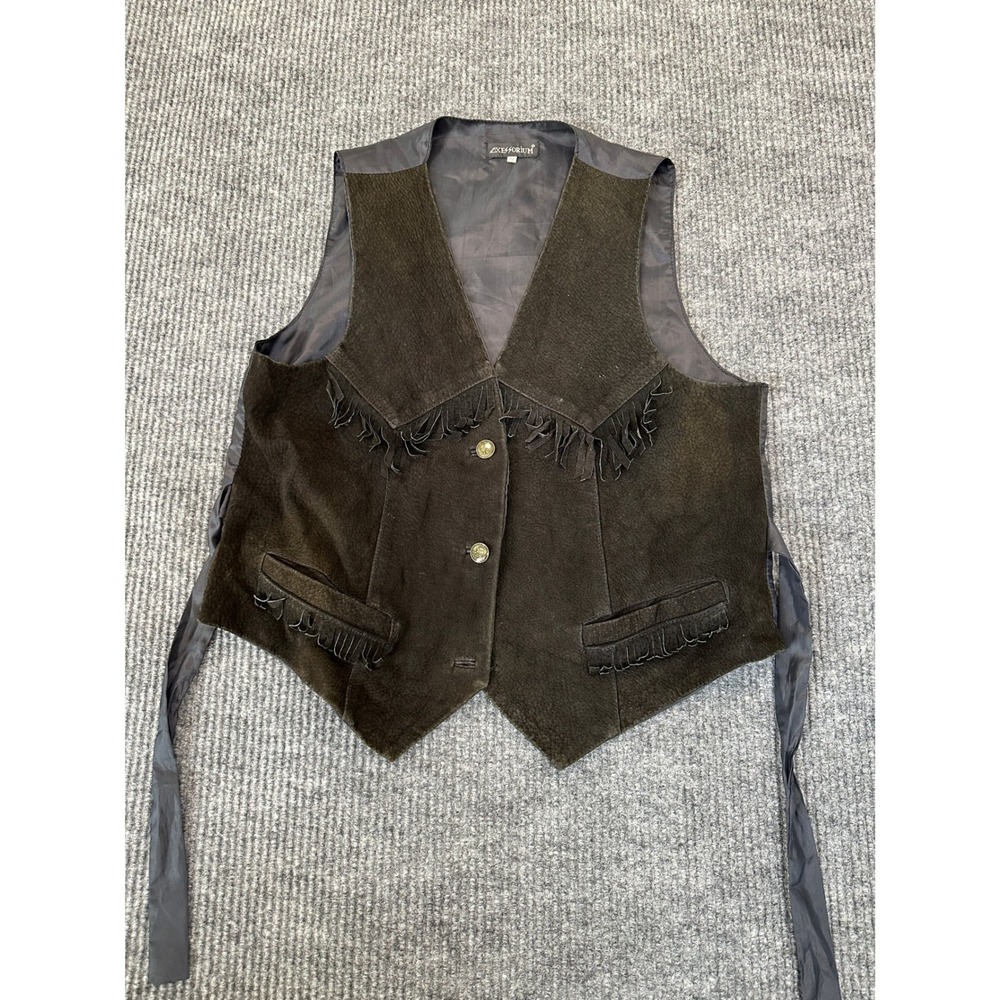 Axessorium Western Fringe Vest M/L Black Genuine Suede Leather Boho